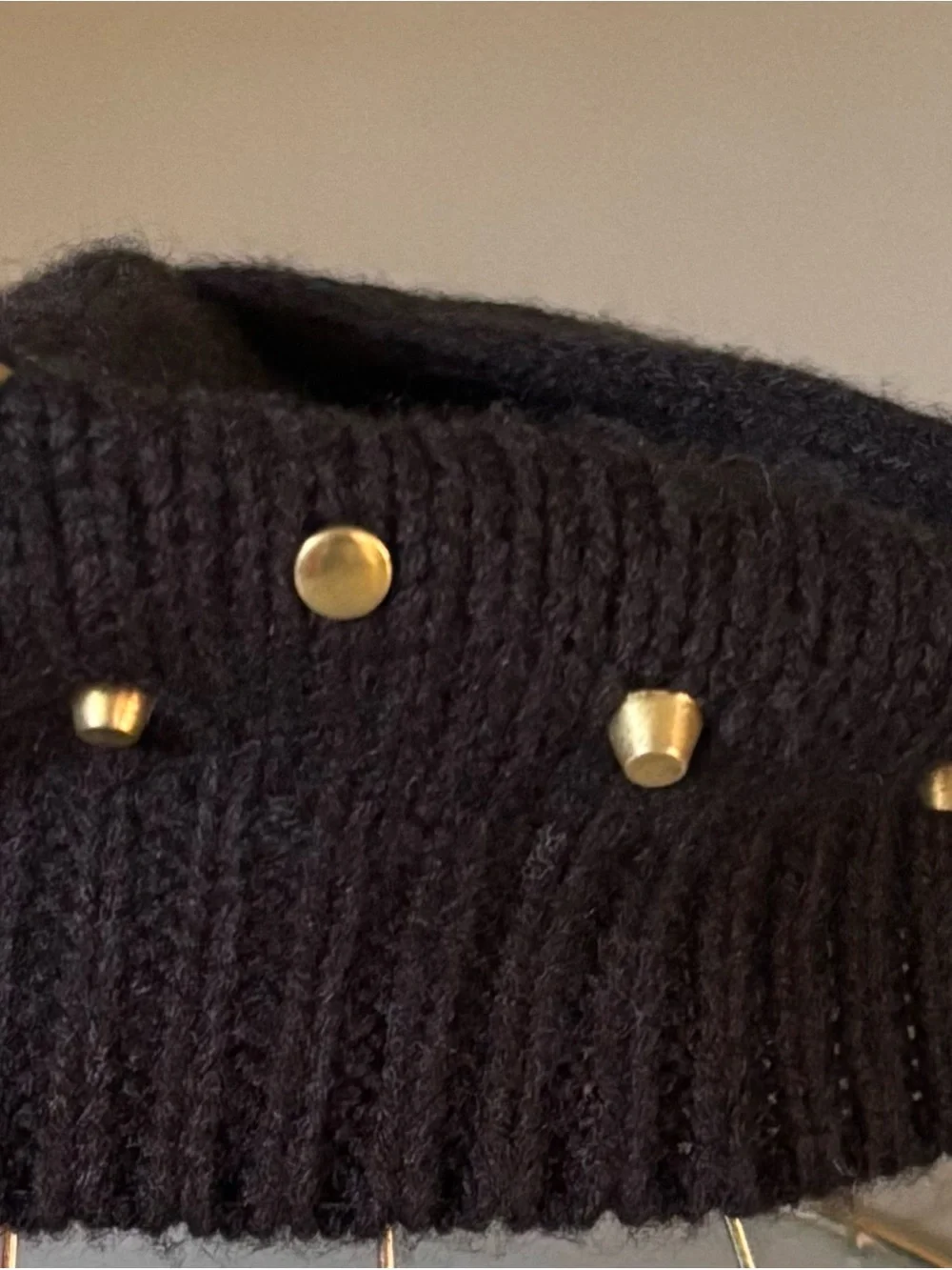 Soft Ribbed Knit Beret Gold Metal Studded Accents
